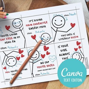 Può includere: Biglietto di San Valentino bianco con illustrazioni di omini stilizzati e cuori rossi. Il biglietto presenta frasi come "Vivi gratis nella mia testa" e "Questo biglietto è davvero fantastico". Una matita è appoggiata sul biglietto.