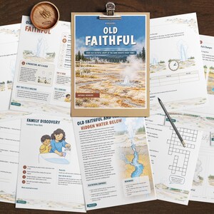 May include: A collection of educational activity sheets about Old Faithful geyser, featuring illustrations, text, and diagrams. The documents include headers like Activities by Level, Family Discovery, and Old Faithful and the Hidden Water Below.