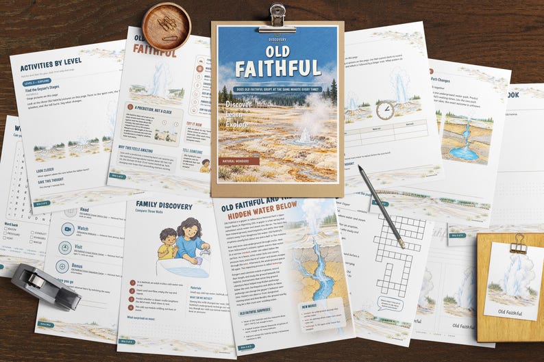May include: A collection of educational activity sheets about Old Faithful geyser, featuring illustrations, text, and diagrams. The documents include headers like Activities by Level, Family Discovery, and Old Faithful and the Hidden Water Below.