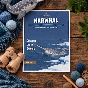 Puede incluir: Un libro rectangular titulado Narwhal con el subt&iacute;tulo What is a narwhal's long horn, really? y el texto Discover Learn Explore. La portada presenta una ilustraci&oacute;n de un narval nadando cerca de t&eacute;mpanos de hielo en agua azul oscuro.