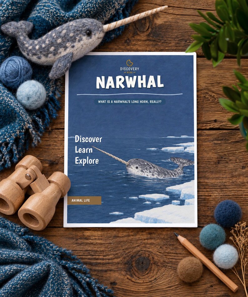 Puede incluir: Un libro rectangular titulado Narwhal con el subt&iacute;tulo What is a narwhal's long horn, really? y el texto Discover Learn Explore. La portada presenta una ilustraci&oacute;n de un narval nadando cerca de t&eacute;mpanos de hielo en agua azul oscuro.