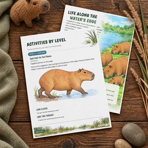 May include: Two educational activity sheets about capybaras featuring illustrations of the animals in water and on land. The text includes headings like Activities by Level, Spot Feet for Two Places, and Life Along the Water's Edge, with instructions for children to observe physical features.