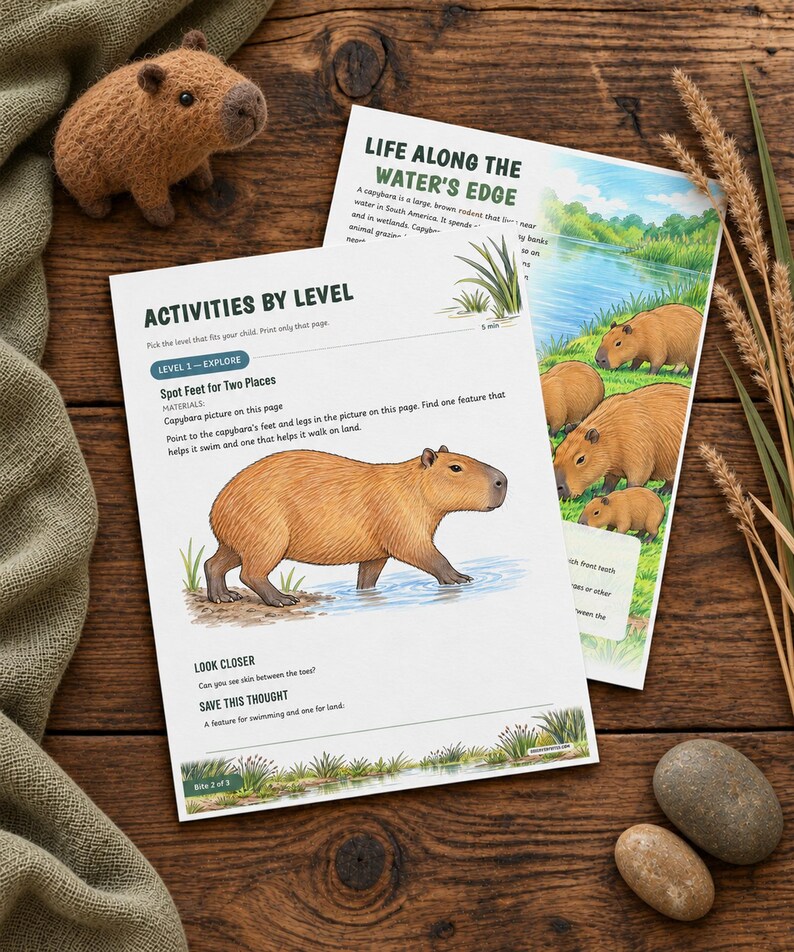 May include: Two educational activity sheets about capybaras featuring illustrations of the animals in water and on land. The text includes headings like Activities by Level, Spot Feet for Two Places, and Life Along the Water's Edge, with instructions for children to observe physical features.