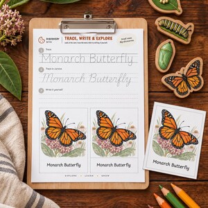 May include: A wooden clipboard holds a worksheet titled Trace, Write & Explore Monarch Butterfly with tracing lines and two illustrations of a monarch butterfly. Beside it are four wooden cutouts of the butterfly life cycle and colored pencils.