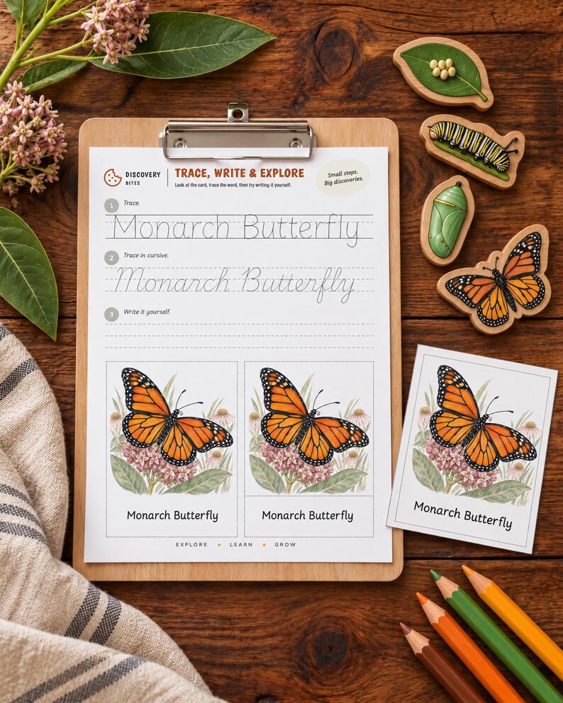 May include: A wooden clipboard holds a worksheet titled Trace, Write & Explore Monarch Butterfly with tracing lines and two illustrations of a monarch butterfly. Beside it are four wooden cutouts of the butterfly life cycle and colored pencils.
