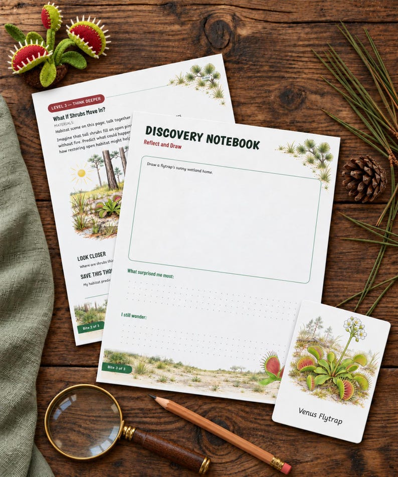 May include: Two white educational worksheets titled Discovery Notebook and What If Shrubs Move In, a small Venus Flytrap card, a magnifying glass, a wooden pencil, and a small felt Venus Flytrap toy on a dark wooden surface.