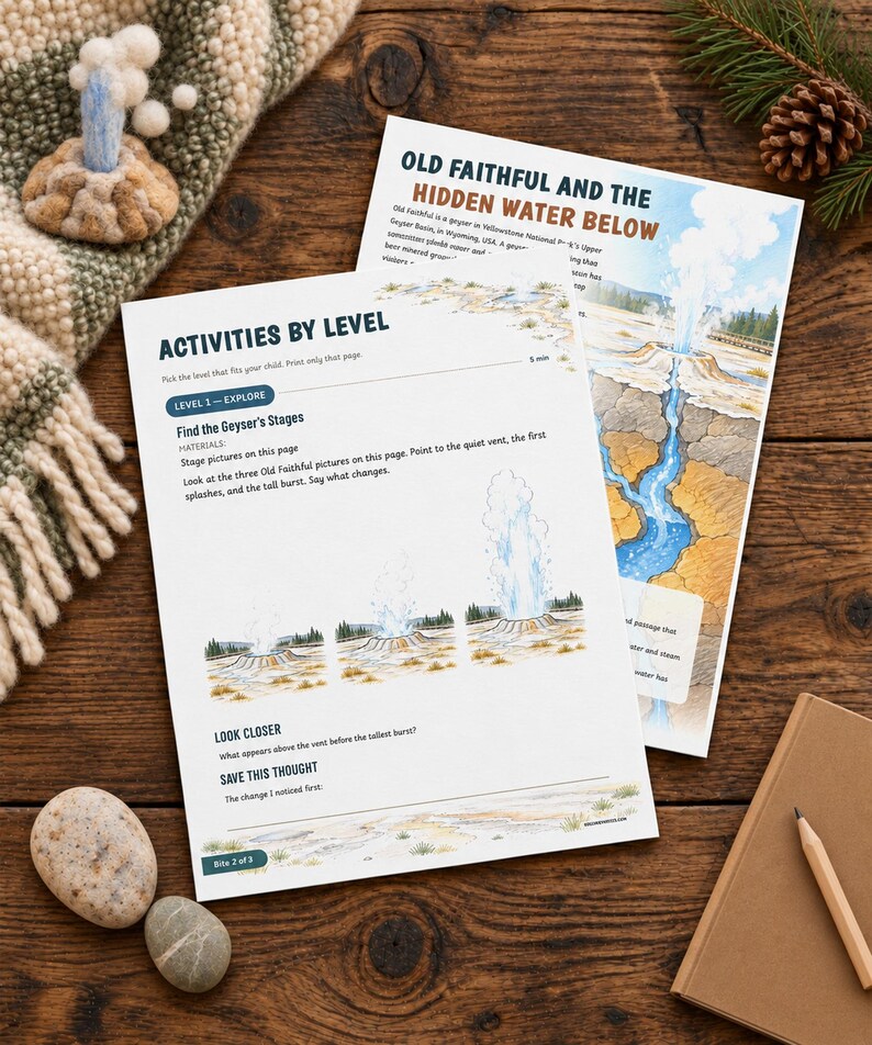 May include: Two educational activity sheets titled Old Faithful and the Hidden Water Below and Activities by Level. The pages feature illustrations of a geyser, diagrams of water stages, and text prompts for observing geological changes.