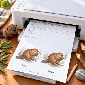 Puede incluir: Una impresora blanca imprimiendo una hoja de ejercicios titulada Trace, Write & Explore con la palabra Beaver. La hoja muestra dos ilustraciones de un castor marr&oacute;n y l&iacute;neas de escritura. Una peque&ntilde;a figura de castor de fieltro est&aacute; al lado.