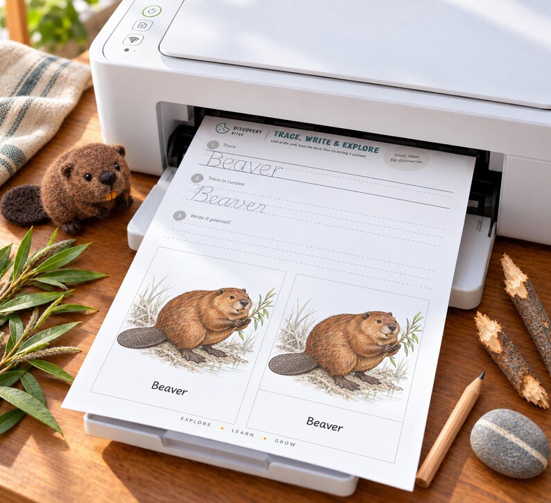 Puede incluir: Una impresora blanca imprimiendo una hoja de ejercicios titulada Trace, Write & Explore con la palabra Beaver. La hoja muestra dos ilustraciones de un castor marr&oacute;n y l&iacute;neas de escritura. Una peque&ntilde;a figura de castor de fieltro est&aacute; al lado.