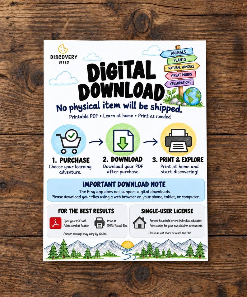 May include: A white informational flyer titled Digital Download with instructions for purchasing, downloading, and printing. It features colorful illustrations of a signpost, a globe, and mountains, with text explaining the single-user license.
