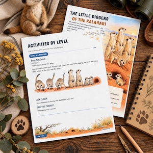 K&ouml;nnte beinhalten: Zwei wei&szlig;e Arbeitsbl&auml;tter mit den Titeln The Little Diggers of the Kalahari und Activities by Level, die Illustrationen von Erdm&auml;nnchen, Texte &uuml;ber das Verhalten von Erdm&auml;nnchen und Z&auml;hl&uuml;bungen sowie farbige W&uuml;stenlandschaften enthalten.