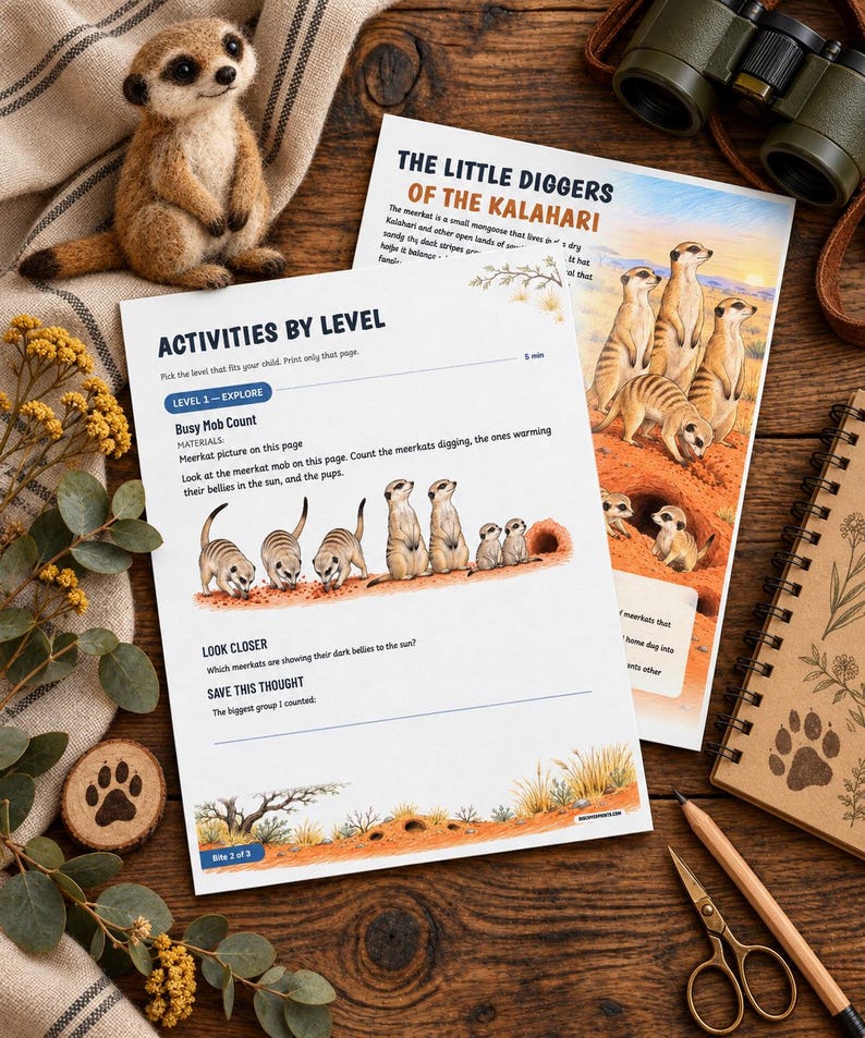 K&ouml;nnte beinhalten: Zwei wei&szlig;e Arbeitsbl&auml;tter mit den Titeln The Little Diggers of the Kalahari und Activities by Level, die Illustrationen von Erdm&auml;nnchen, Texte &uuml;ber das Verhalten von Erdm&auml;nnchen und Z&auml;hl&uuml;bungen sowie farbige W&uuml;stenlandschaften enthalten.