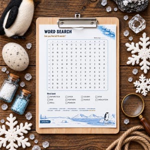 May include: A word search puzzle sheet on a wooden clipboard featuring a grid of letters, a word bank with terms like Antarctica and penguin, and illustrations of icebergs. The sheet is surrounded by a felt penguin, an egg, snowflakes, and a magnifying glass.