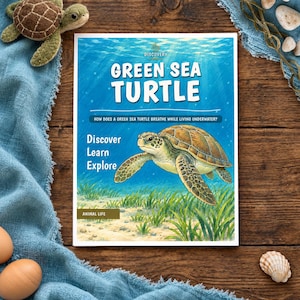 Puede incluir: Un libro rectangular titulado Green Sea Turtle con una ilustraci&oacute;n de una tortuga marina nadando sobre un lecho marino arenoso y cubierto de hierba. La portada presenta el texto Discovery, Green Sea Turtle, How does a green sea turtle breathe while living underwater?, Discover Learn Explore y Animal Life.