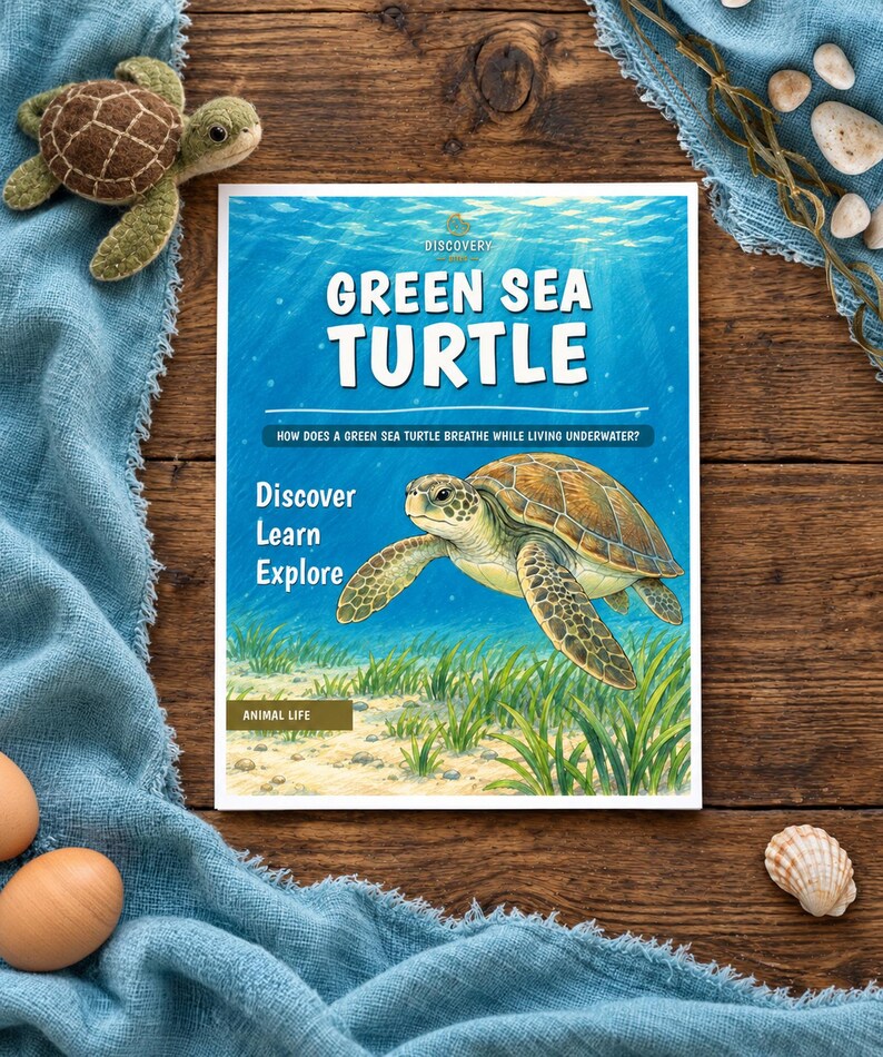 Puede incluir: Un libro rectangular titulado Green Sea Turtle con una ilustraci&oacute;n de una tortuga marina nadando sobre un lecho marino arenoso y cubierto de hierba. La portada presenta el texto Discovery, Green Sea Turtle, How does a green sea turtle breathe while living underwater?, Discover Learn Explore y Animal Life.