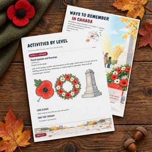 May include: Two educational activity sheets titled Activities by Level and Ways to Remember in Canada. The pages feature illustrations of a red poppy, a floral wreath, and a stone monument, with text instructions for matching symbols and meanings.