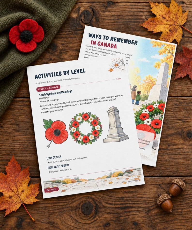 May include: Two educational activity sheets titled Activities by Level and Ways to Remember in Canada. The pages feature illustrations of a red poppy, a floral wreath, and a stone monument, with text instructions for matching symbols and meanings.