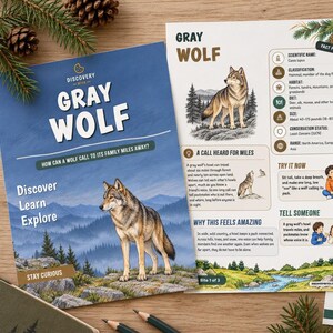 Puede incluir: Una hoja informativa educativa sobre el lobo gris con una portada azul que muestra una ilustraci&oacute;n de un lobo, el texto Discovery Bites, Gray Wolf y Discover Learn Explore. La p&aacute;gina interior muestra una imagen de lobo y datos.