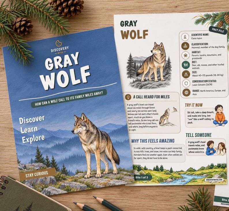 Puede incluir: Una hoja informativa educativa sobre el lobo gris con una portada azul que muestra una ilustraci&oacute;n de un lobo, el texto Discovery Bites, Gray Wolf y Discover Learn Explore. La p&aacute;gina interior muestra una imagen de lobo y datos.