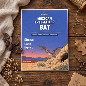 May include: A rectangular educational print titled Mexican Free-Tailed Bat with a blue background, featuring an illustration of a bat flying near a cave in a desert landscape, with the text Discover, Learn, Explore, and Stay Curious.