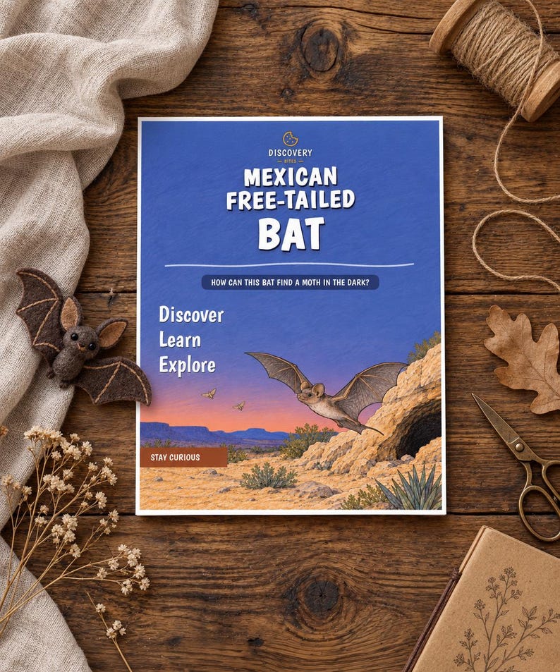 May include: A rectangular educational print titled Mexican Free-Tailed Bat with a blue background, featuring an illustration of a bat flying near a cave in a desert landscape, with the text Discover, Learn, Explore, and Stay Curious.