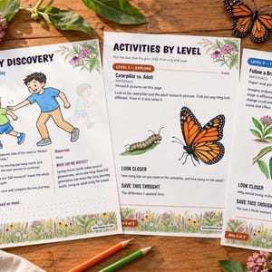May include: Three educational activity sheets featuring monarch butterfly illustrations, diagrams, and text. The pages include sections titled Family Discovery, Activities By Level, and Level 3 - Think Deeper, with colorful drawings of caterpillars, chrysalises, and butterflies.