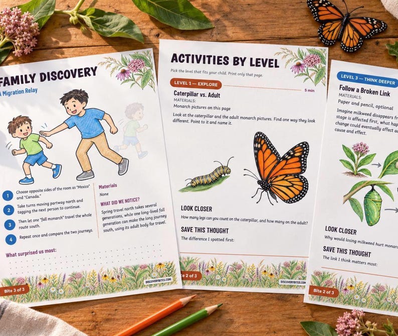 May include: Three educational activity sheets featuring monarch butterfly illustrations, diagrams, and text. The pages include sections titled Family Discovery, Activities By Level, and Level 3 - Think Deeper, with colorful drawings of caterpillars, chrysalises, and butterflies.