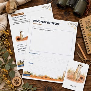 K&ouml;nnte beinhalten: Ein Discovery Notebook Arbeitsblatt mit einer Erdm&auml;nnchen-Illustration, einem Bereich zum Zeichnen des ersten Tages eines Erdm&auml;nnchen-Welpen und Reflexionsfragen. Der Text "Discovery Notebook", "Reflect and Draw" und "Meerkat" ist enthalten.