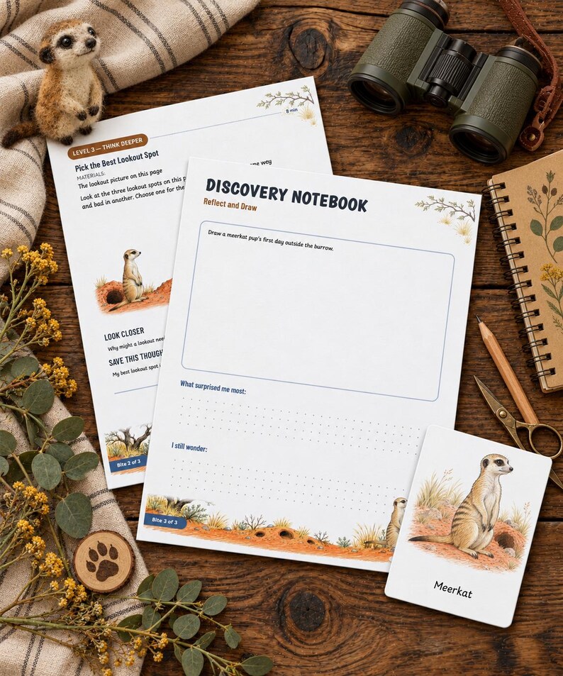 K&ouml;nnte beinhalten: Ein Discovery Notebook Arbeitsblatt mit einer Erdm&auml;nnchen-Illustration, einem Bereich zum Zeichnen des ersten Tages eines Erdm&auml;nnchen-Welpen und Reflexionsfragen. Der Text "Discovery Notebook", "Reflect and Draw" und "Meerkat" ist enthalten.