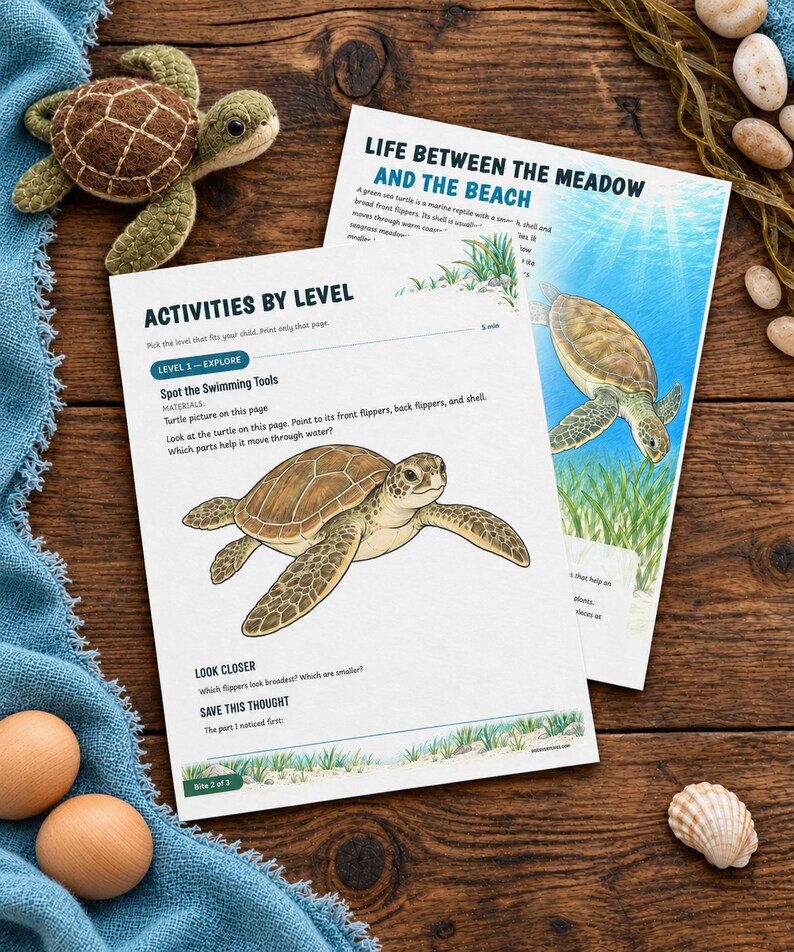 Puede incluir: Dos hojas de actividades educativas sobre tortugas marinas con ilustraciones y texto que incluye 'Activities by Level' y 'Life Between the Meadow and the Beach', acompa&ntilde;adas de una peque&ntilde;a tortuga de ganchillo, dos huevos y una concha.