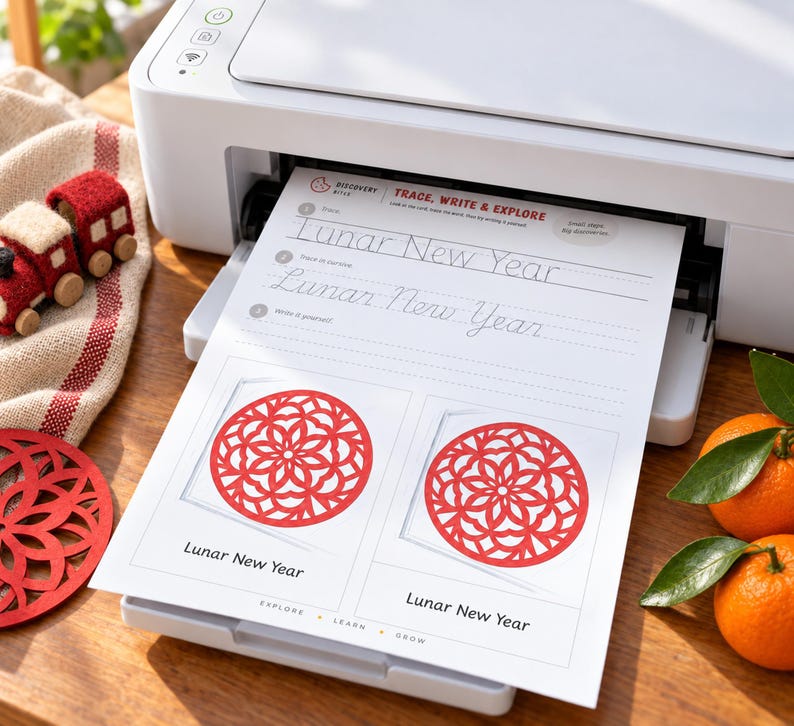 May include: A white printer outputting a worksheet titled Trace, Write & Explore Lunar New Year. The page features dotted lines for handwriting practice and two red circular paper-cut floral designs with the text Lunar New Year below each.