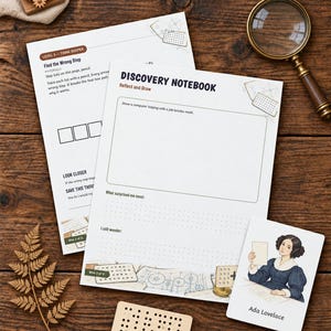 May include: Two white Discovery Notebook activity sheets with printed text and diagrams, a rectangular wooden pegboard, a small card featuring an illustration of Ada Lovelace, a magnifying glass, and three small wooden gears on a wooden surface.