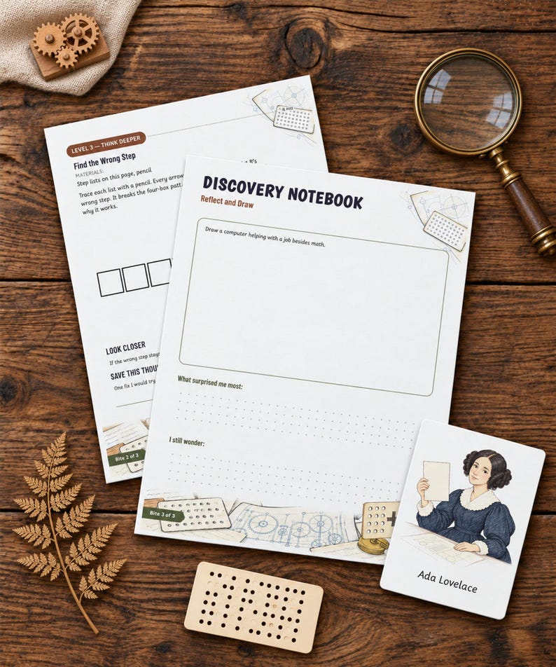 May include: Two white Discovery Notebook activity sheets with printed text and diagrams, a rectangular wooden pegboard, a small card featuring an illustration of Ada Lovelace, a magnifying glass, and three small wooden gears on a wooden surface.
