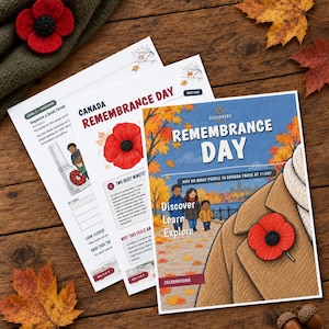 May include: A set of educational Remembrance Day activity sheets for Canada, featuring illustrations of children, maple leaves, and a red poppy pin. The text includes Remembrance Day, Discover Learn Explore, and Why do many people in Canada pause at 11:00?