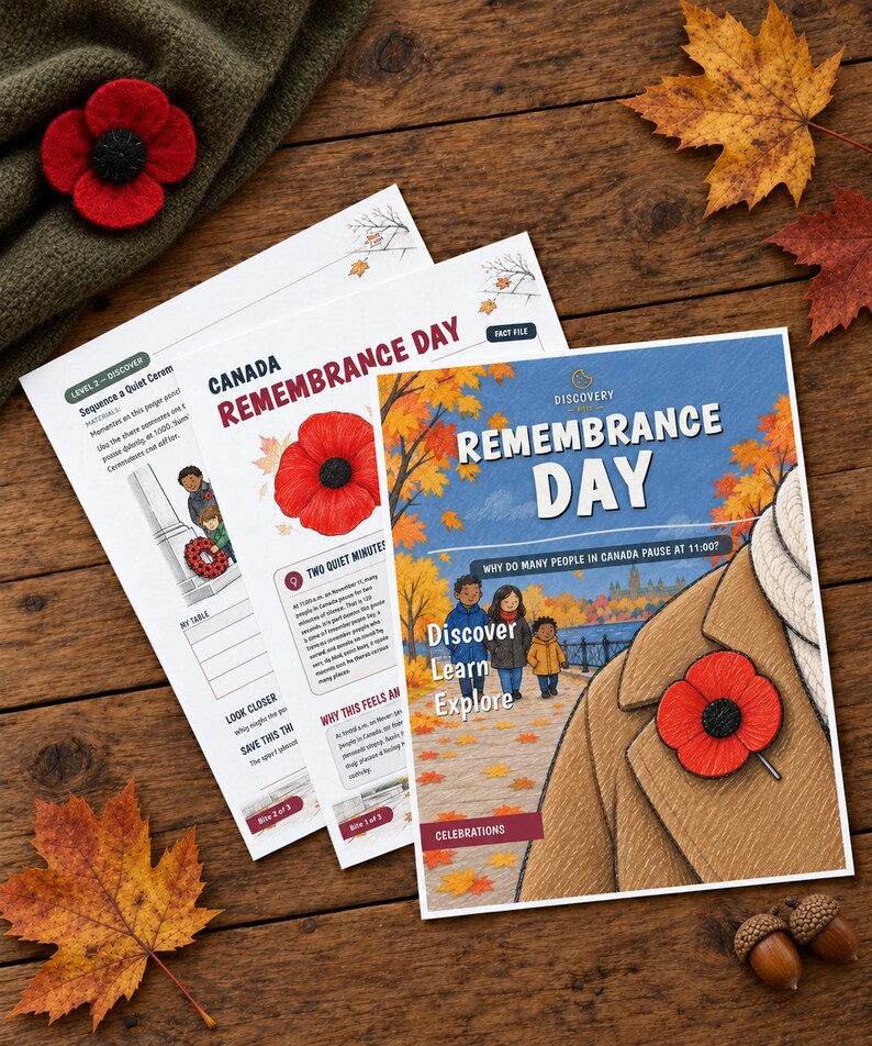 May include: A set of educational Remembrance Day activity sheets for Canada, featuring illustrations of children, maple leaves, and a red poppy pin. The text includes Remembrance Day, Discover Learn Explore, and Why do many people in Canada pause at 11:00?