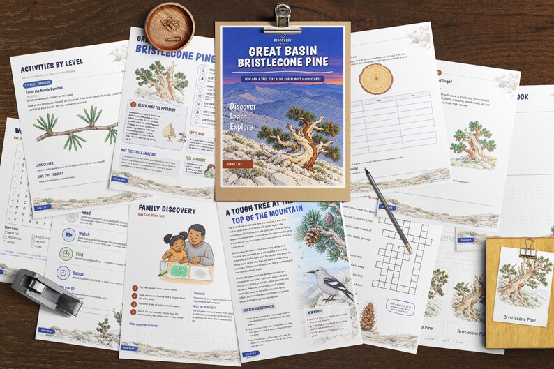 May include: A collection of educational activity sheets about the Great Basin Bristlecone Pine, featuring illustrations of the tree, a bird, and a family, alongside text, a pencil, a stapler, and two wooden clipboards on a dark surface.