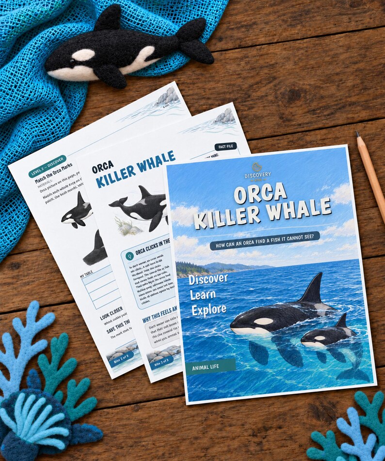 May include: A felt orca figurine, blue netting, and felt coral pieces accompany educational activity sheets and a booklet titled ORCA KILLER WHALE. The booklet features a photograph of two orcas in the ocean and the text Discover Learn Explore.