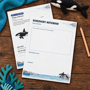 May include: Two white Discovery Notebook activity sheets with orca illustrations, text, and blue borders. One sheet features the heading Discovery Notebook, Reflect and Draw, and prompts for writing. The other sheet is titled Level 3 Think Deeper.