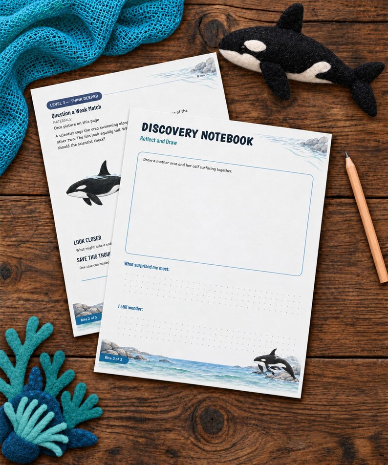 May include: Two white Discovery Notebook activity sheets with orca illustrations, text, and blue borders. One sheet features the heading Discovery Notebook, Reflect and Draw, and prompts for writing. The other sheet is titled Level 3 Think Deeper.