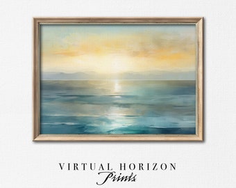 Printable Blue Ocean Sunset Wall Art | Minimalist Landscape Painting | Contemporary Digital Download