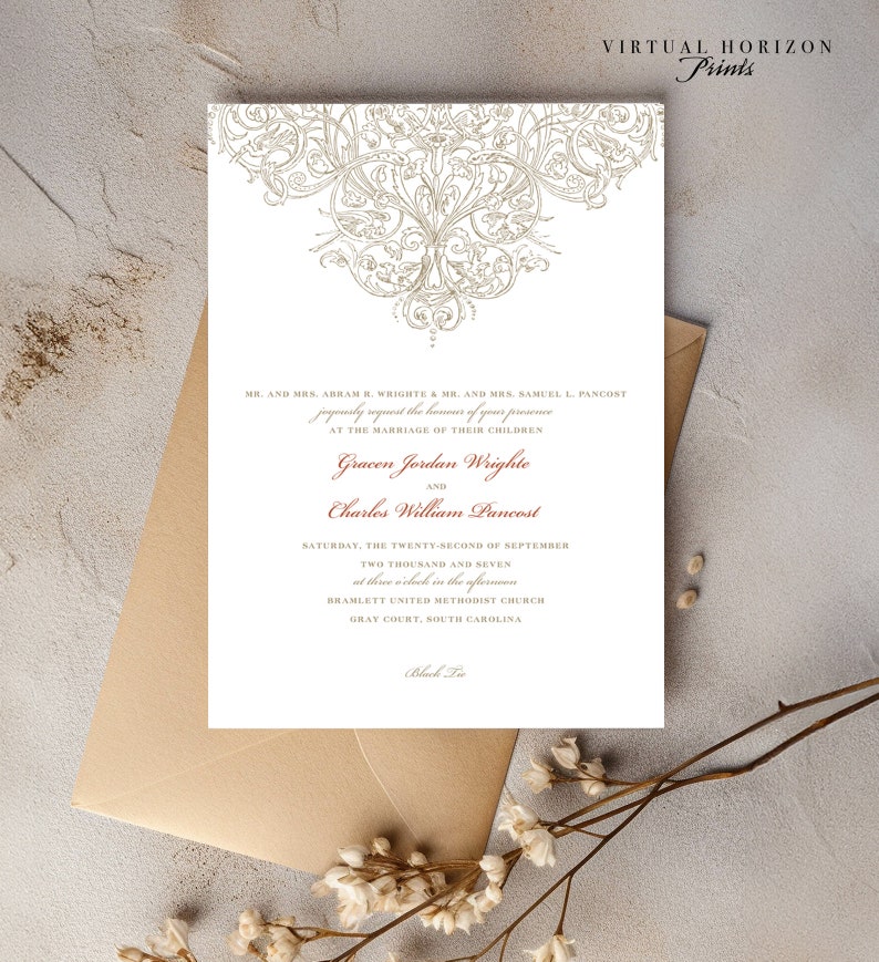 PRINTED or DIGITAL Ornate Wedding Invitation Set Classic Design Print-At-Home Version also available image 2