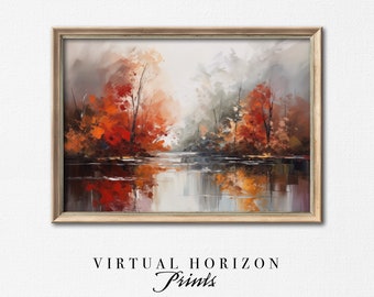 Printable Autumn Lake Landscape | Textured Oil Painting | Fall Wall Art