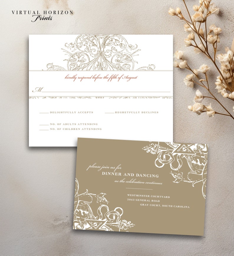 PRINTED or DIGITAL Ornate Wedding Invitation Set Classic Design Print-At-Home Version also available image 3