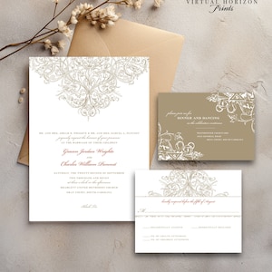 PRINTED or DIGITAL Ornate Wedding Invitation Set Classic Design Print-At-Home Version also available image 1