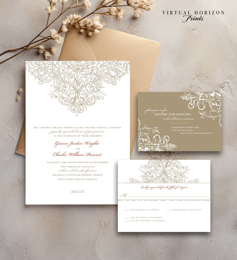 PRINTED or DIGITAL Ornate Wedding Invitation Set Classic Design Print-At-Home Version also available image 1