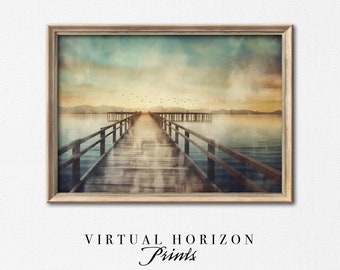 Printable Lake Pier Wall Art | Downloadable Shoreline Painting | Tranquil Waters