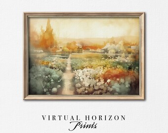 Printable Vintage Garden Painting | Downloadable Country Landscape | Cottage Sunset