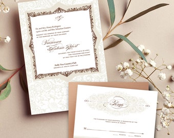 PRINTED or DIGITAL Sophisticated Wedding Invitation Set  |  Ornate Border Design  | Print-At-Home Version also available