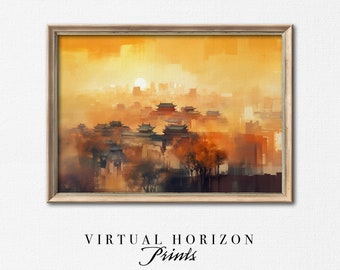 Printable Ancient City Wall Art | Asian Cityscape | Golden Sunset Painting