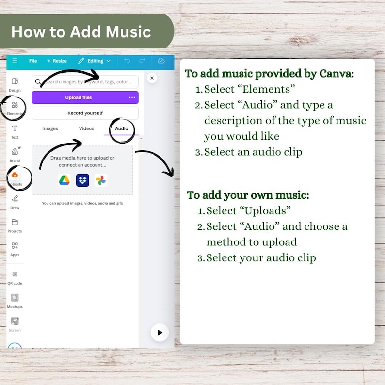 Puede incluir: Una captura de pantalla de la plataforma de dise&ntilde;o Canva que muestra c&oacute;mo agregar m&uacute;sica a un dise&ntilde;o. Las instrucciones son seleccionar "Elementos", luego "Audio" y escribir una descripci&oacute;n del tipo de m&uacute;sica que te gustar&iacute;a. Tambi&eacute;n puedes seleccionar "Subidas" y elegir un m&eacute;todo para subir tu propia m&uacute;sica.